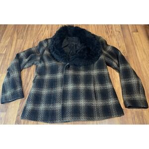 Attention Plaid Faux Fur Collar Jacket Women XL Brown Black Wool Blend Tweed